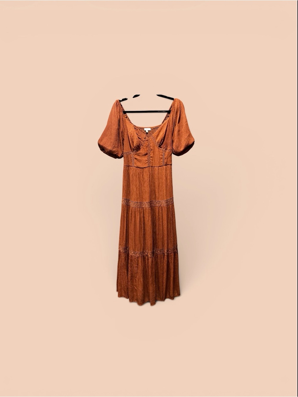 Flying Tomato Tiered Brown Dress Puffed Sleeves - Picture 2 of 3
